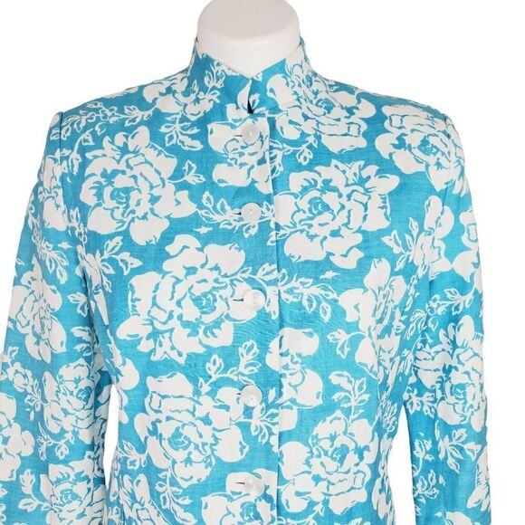 Julian Jones linen blend floral mock neck Long blazer jacket aqua white Size 4 - Picture 2 of 7